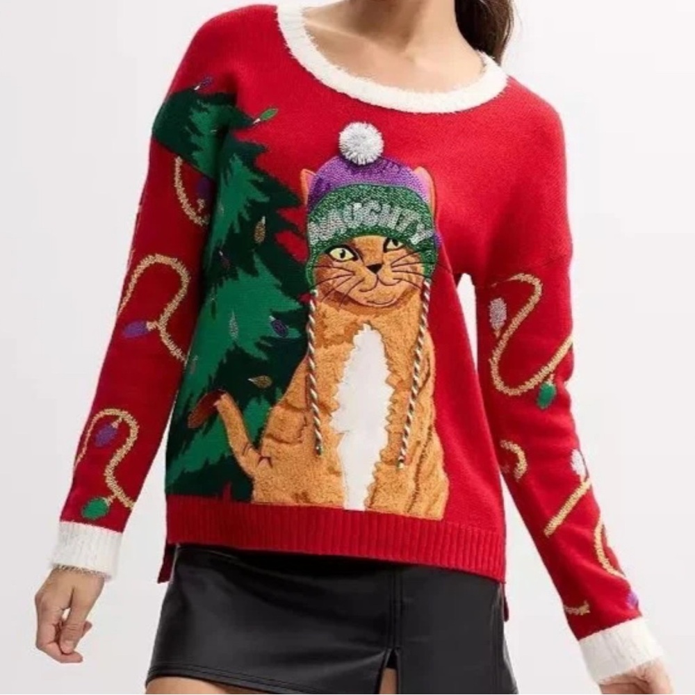CHRISTMAS 🎄NAUGHTY CAT🎄 RED SWEATER SIZE EXTRA SMALL 🌟NWT🌟